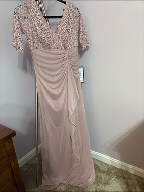 Betsy & Adam Dusty Rose Lace Bodice Maxi Gown